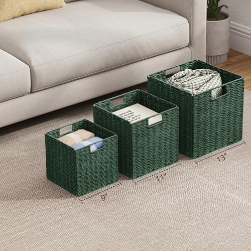 Vagusicc Wicker Storage Basket, Set of 2 Hand-Woven Paper Rope Wicker Basket, Foldable Cube Storage Bins, Square Large S