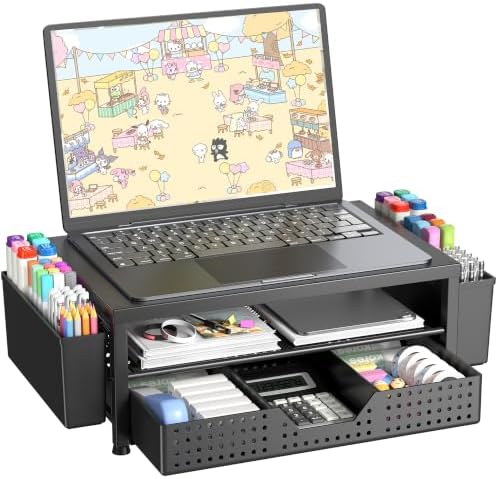 OPNICE Desk Organizer and Accessories, 2-Tier Computer Monitor Stand Riser with Drawer and 2 Pen Holders, Laptop Stand, 