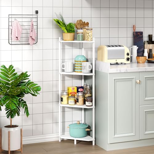 Corner Shelf Stand - 4 Tier Bamboo Small Corner Bookshelf for Office Kitchen Bedroom Plant Stand Living Room Decor Small