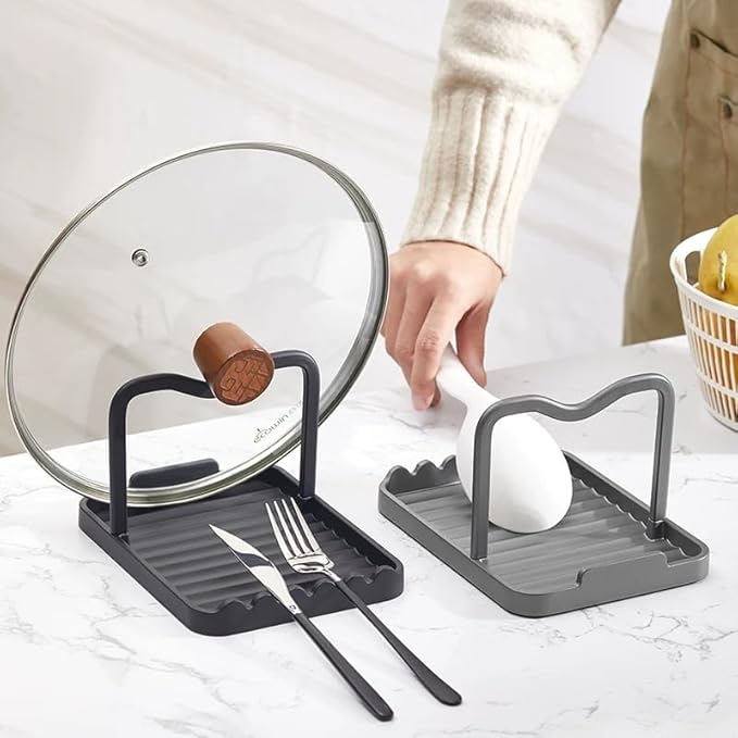 Anti-Rust Metal Spoon Rest with Lid Holder, Heat-Resistant Pot Lid Rest, Multifunctional Spatula Holder While Cooking for Stovetop and Kitchen Counter – Grey