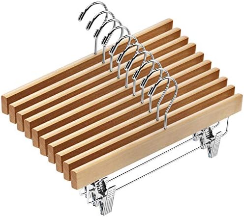 AMKUFO 20pcs Wooden Pants Hangers Solid Pants Hanger with Adjustable Clips 14 Inch Natural Wood Skirt Hangers Trousers Bottom Hanger with Non-Slip Clips and 360° Swivel Hook