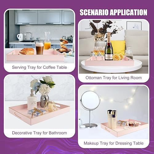 Gifturbo Pink Large Serving Tray with Handles，Rectangular Plastic Elegant Decorative Coffee Table Tray for Ottoman, Livi