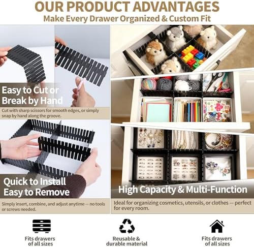 Adjustable Drawer Dividers, Cut-to-Fit DIY Organizers, Black 32 Pack