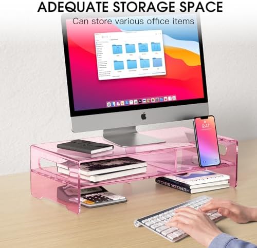 Pink Acrylic Monitor Riser, 2-Tier Desk Computer Stand With Storage & Phone Holder