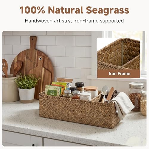 StorageWorks Toilet Paper Basket, 3-Section Toilet Tank Basket, Seagrass