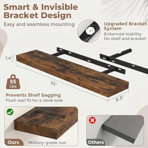 32 Inch Floating Shelves for Wall, 6.5"D Wood Storage Shelves, Brown Finish