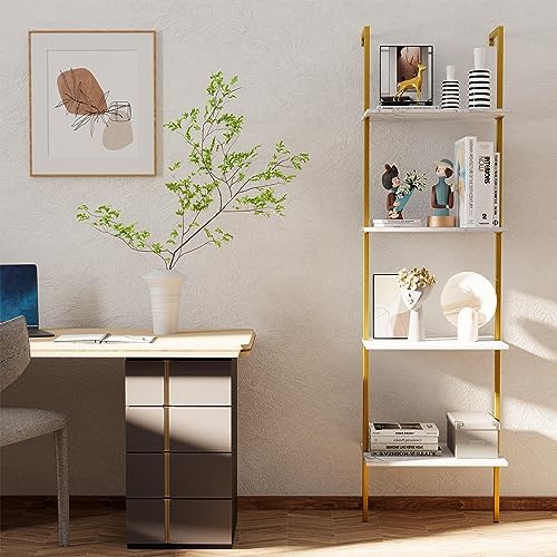 Wolawu Ladder Shelf 4 Tiers Metal Industrial Bookshelf,White Marble Wood Tall Open Storage Rack and Display Shelves,Wall