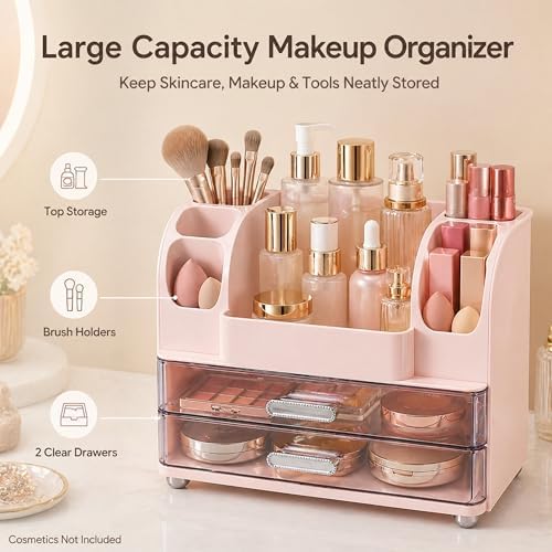ROOM127 Makeup Organizer for Vanity with 2 Drawers, Cherry Blossom Pink