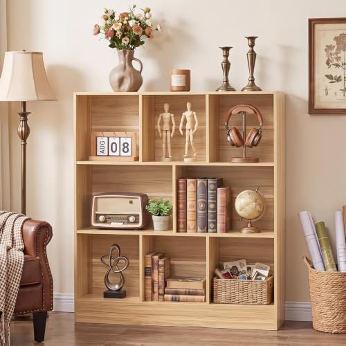 YAHARBO 3 Tier 8 Cube Horizontal Bookshelf,Low Bookcase for Sleves,Natural