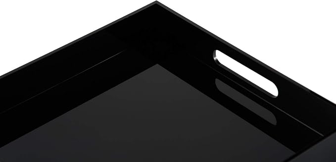 KEVLANG Glossy Black Sturdy Acrylic Serving Tray with Handles-10x10Inch-Serving Coffee,Food,Breakfast,Butler-Kitchen Countertop Tray-Makeup Drawer Organizer-Vanity Table,Ottoman Tray-Decorative Tray