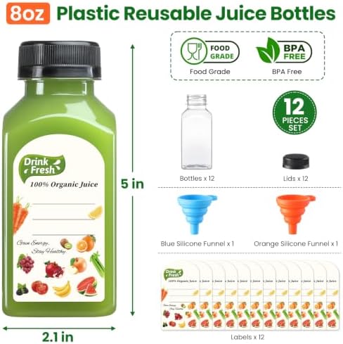 12 PACK, 8 OZ Reusable Thicker Plastic Juice Bottles with Caps, Leakproof