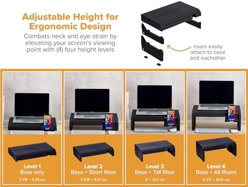 Bostitch Konnect Adjustable Monitor Riser with Drawer & Cell Phone Holder, Laptop Stand for Desk, 4 Height Levels, Cable