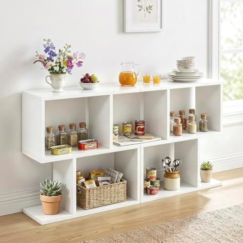 Tangkula 2 Tier Geometric Bookshelf, Freestanding Wood Display Shelf, Home Office Room Divider S Shaped Open Bookcase, S