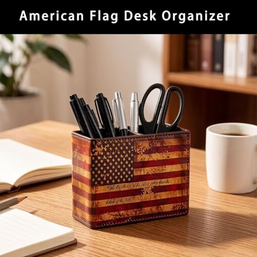 Patriotic Pen Holder, American Flag Desk Organizer, USA Flag Pencil Holder Office Home Accessories, PU Leather Retro Vintage Cool Supplies Patriotic Decor