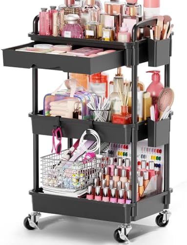 Goovilla Rolling Makeup Organizer Cart with Removable Drawer, 3 Tier Black