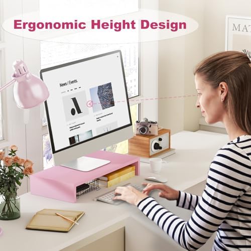 TEAMIX Pink Monitor Riser-20L inch, Wood Monitor Stand for Desk, Sturdy TV/Screen/PC/Printer/Laptop Riser,Computer Shelf