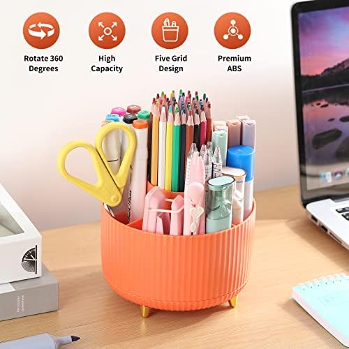 Desk Pencil Pen Holder, 5 Slots 360°Degree Rotating Pen Organizers for Desk, Desktop Storage Stationery Supplies Organizer, Cute Pencil Cup Pot for Office, School, Home, Art Supply, Orange