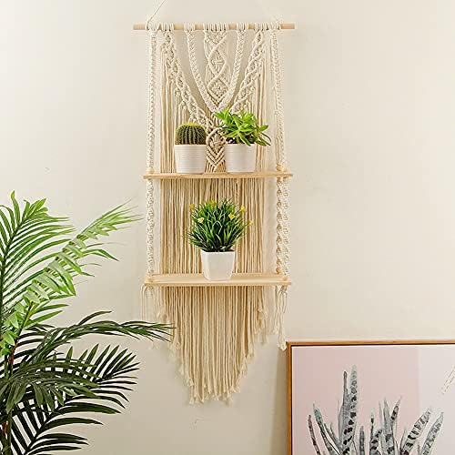 Mong Macrame Wall Hanging Shelf - Boho Hanging Shelves for Wall - Decorative Bohemian Floating Plants Room Storage Shelv