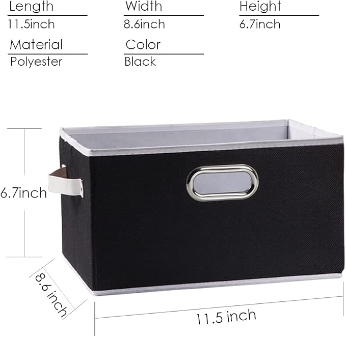 PRANDOM Fodable Storage Baskets for Closet [5-pack] Decorative Fabric Storage Bins Cubes with Leather/Metal Handles for Shelves Bedroom Living Room Black (11.5x8.5x6.7 Inch)