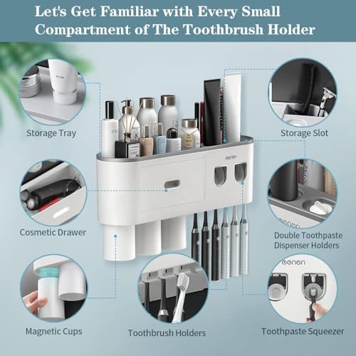 Toothbrush Holders Wall Mounted, Toothbrush Holder with Automatic Toothpaste Dispensers, 6 Brush Slots, 3 Magnetic Cups,