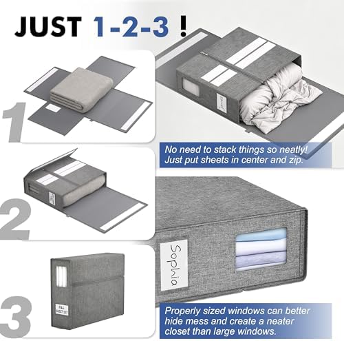 Furnhome Bed Sheet Organizers and Storage 4 Pack for Linen Closet, Foldable Sheet Set Holder with Window & Labels, Stack