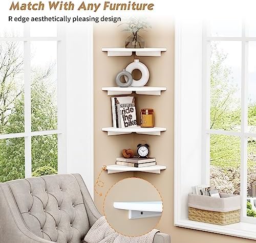 Forbena White Corner Floating Shelves for Wall Set of 4, Rounded Corner Shelves Wall Mounted for Kids Bedroom Books, Cut