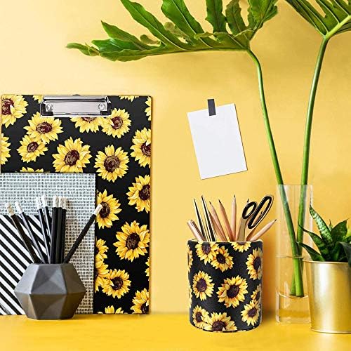 Sunflower Pen Cup, Premium PU Leather Pencil Holder, Women Makeup Brush Holder, Ideal Desk Organizer Gift for Office/Classroom/Home