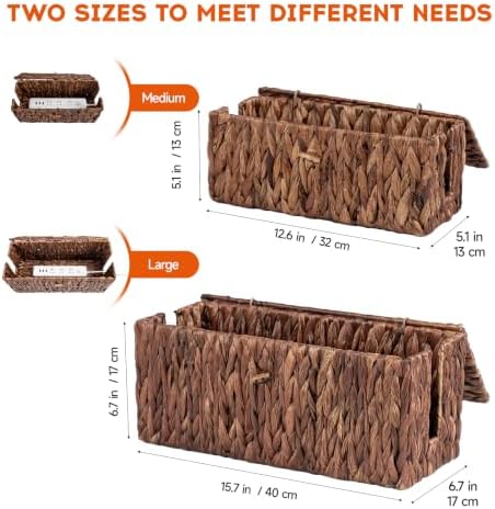 Cable Management Box with Lid, 2Pack Handwoven Real Water Hyacinth Cord Hider Organizer Boxes,2 Side Open Slots Storage 
