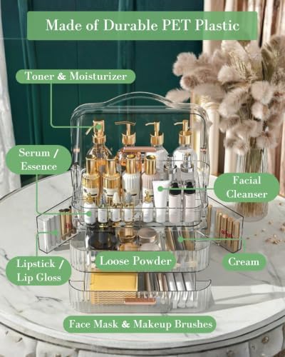 LINFIDITE Cosmetics Storage Box Transparent Lid Large Makeup Organizer Box Drawers Portable Handle Waterproof Dustproof 