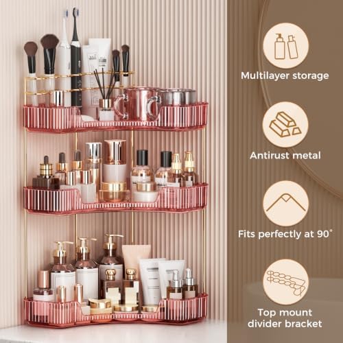 BEFSOP Corner Bathroom Counter Organizer, Upgraded 3-Tier Makeup Organizer Countertop with Makeup Brush Holder, Skincare