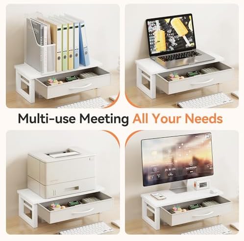 Desk Organizers and Accessories, Computer Monitor Stand Riser with Drawer, White Laptop Stand for Desk with Storage, Off
