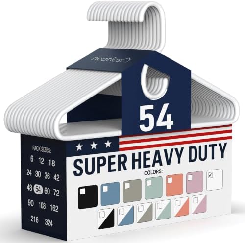 Super Heavy Duty Clothes Hangers 50 Pack (54 Count) – Made in the USA - 10lb Capacity, Thick Plastic Hangers for Pants, Coats, Jackets, Jeans and Adult Clothing – White
