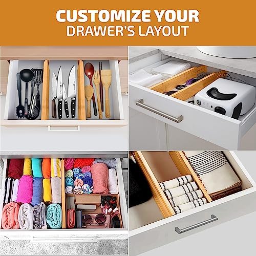 4-Pack Bamboo Drawer Dividers - 2.6 Inches High, Adjustable 12 to 17 Inches Expandable Drawer Organizer Dresser Separato