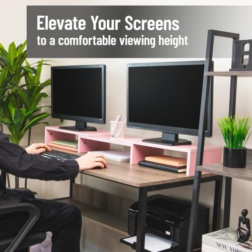 Mind Reader Dual Monitor Stand, Desktop Organizer, Laptop Riser, Office, MDF, 51.25"L x 9.25"W x 4.75"H, Pink