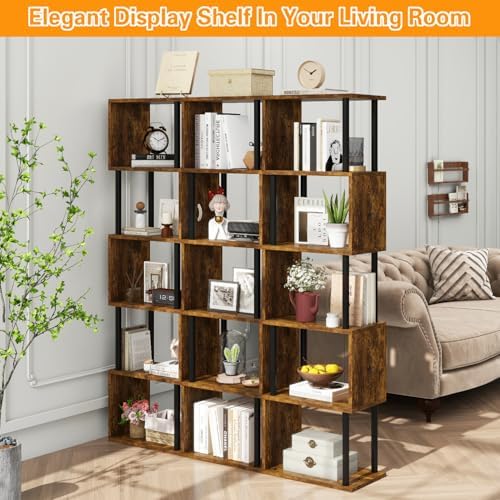 IBUYKE 6-Tier Tall Bookshelf,S-Shaped Geometric Bookcase,Brown WBC016H