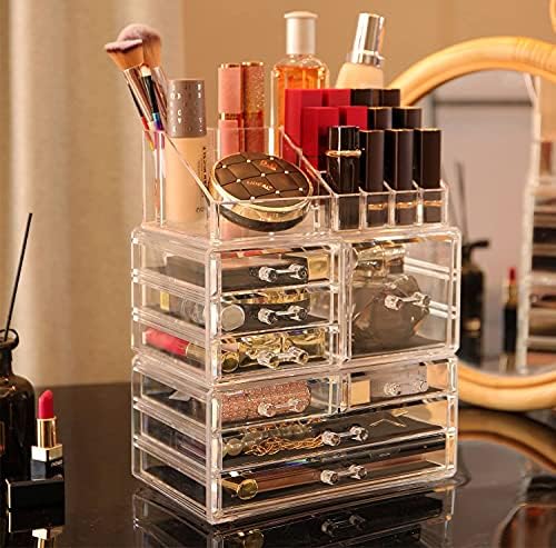 Cq acrylic 3 Pack Clear Makeup Organizer for Vanity,Countertop,Stackable 8 Drawers Cosmetic Storage for Hair Clip,Jewelr