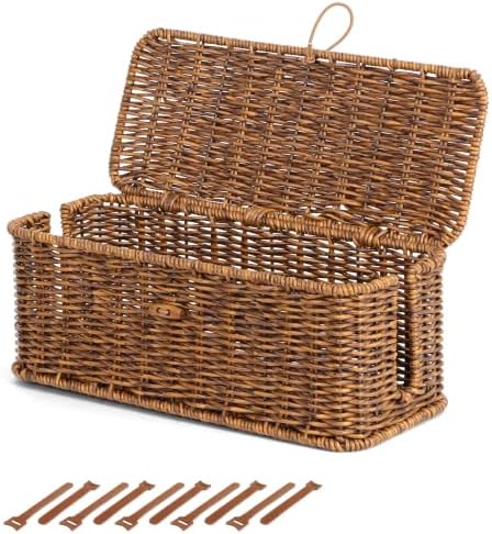 Cable Management Box, Cord Organizer with Lid & Cable Ties - Brown, M