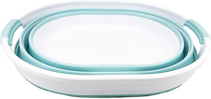 SAMMART 23L (6 Gallons) Collapsible Plastic Laundry Basket - Oval Tub/Basket - Foldable Storage Container/Organizer - Portable Washing Tub - Space Saving Laundry Hamper (White/Lake Green)