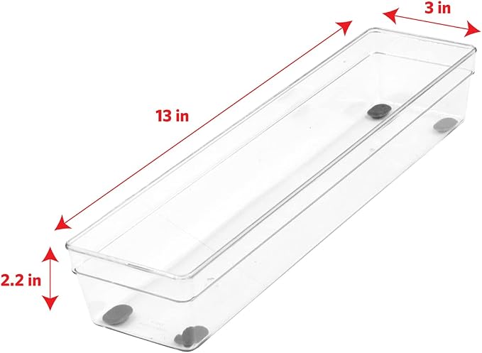 Glad Plastic Drawer Storage Tray – Heavy Duty Organizer Bin for Home, Kitchen, Bath, Bedroom, Office | Non-Slip Feet, Clear, 13x3 (Pack of 6)