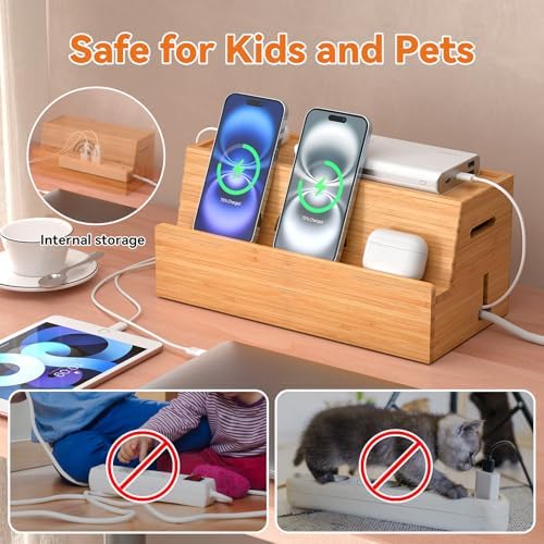 Bamboo Cable Management Box, Natural Color, 31X14X15.5CM