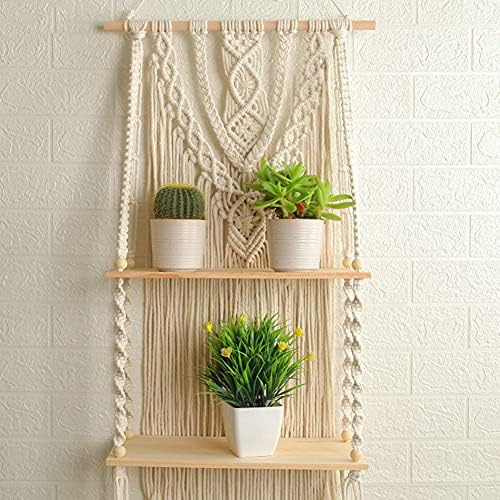 Mong Macrame Wall Hanging Shelf - Boho Hanging Shelves for Wall - Decorative Bohemian Floating Plants Room Storage Shelv