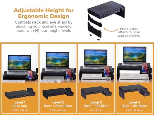 Bostitch Konnect Adjustable Monitor Riser with Drawer, Cell Phone Stand & Pencil Holder, Laptop Stand for Desk, 4 Height