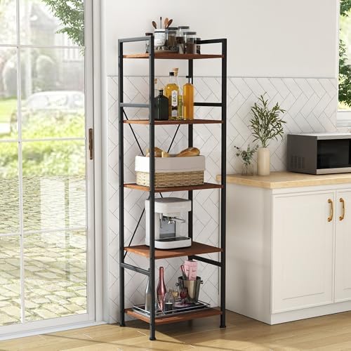 5 Tier Industrial Bookshelf, Storage Organizer, Walnut