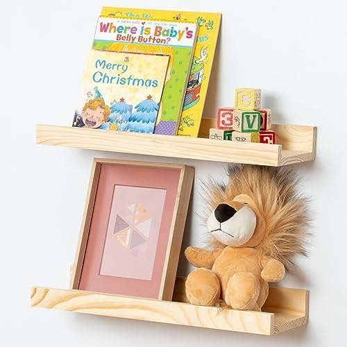 Picture Ledge Shelf for Wall, 16 inch Solid Pine Wood Nursery Book Shelves 2 Packs, Floating Ledge Shelves for Kids' Room Bedroom Bathroom Living Room Photo Frames Office Nursey Wall Decor, Natural
