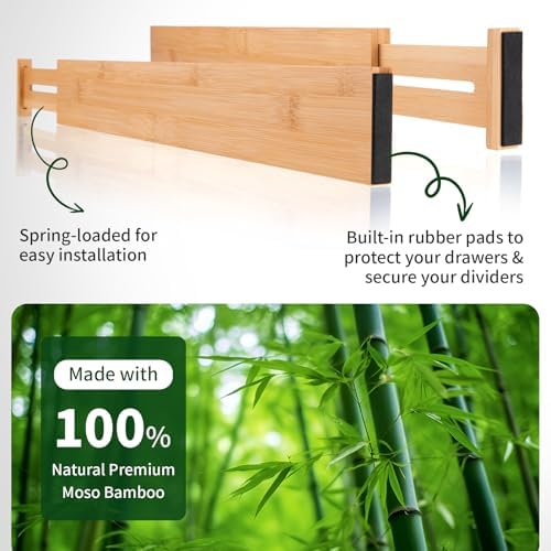 CMOOD 6 PCS Bamboo Drawer Dividers, Kitchen Drawer Dividers, 17"-22" Expandable Adjustable Bamboo Drawer Dividers Organi