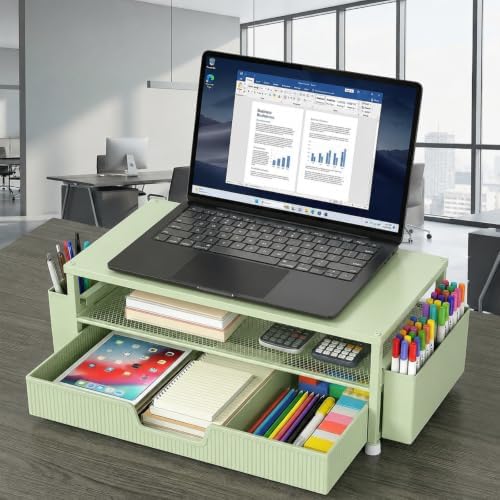 ECOLOVI Desk Organizer and Accessories, 2-Tier Computer Monitor Stand Rise with Storage Drawer & 2 Pen Holders, Laptop &