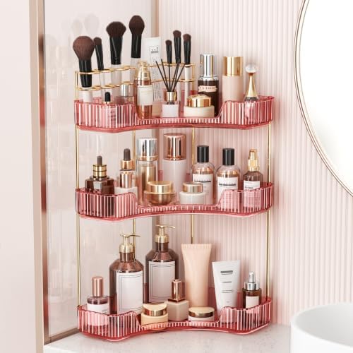 BEFSOP Corner Bathroom Counter Organizer, Upgraded 3-Tier Makeup Organizer Countertop with Makeup Brush Holder, Skincare
