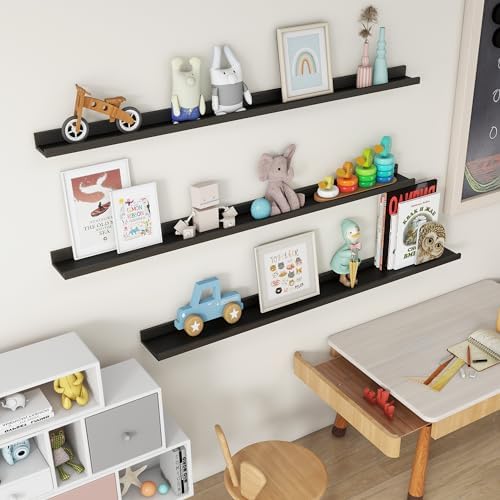 Axeman Picture Ledge Shelf, 55 Inch Black Floating Shelves Set of 3