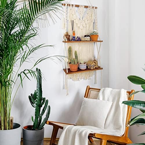 2-Tier Macrame Wall Hanging Shelf & Boho Decor, Wooden Floating Shelves