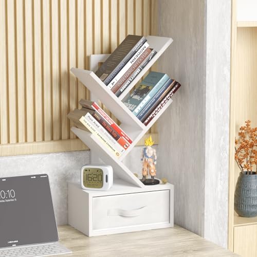 SHEEPAM 4-Tier Tree Bookshelf Small Bookcase with Drawer
